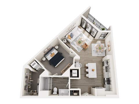 Floor plan for 1 bed, 1 bath, 801 sqft